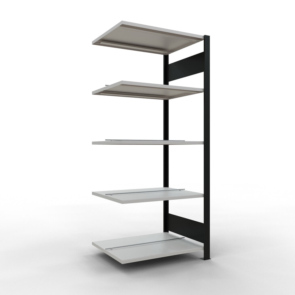 Rayonnage de bureau SCHULTE travée auxiliaire, utilisable des deux cotés, avec butées centrales, CT 150 kg, noir, HxlxP 1 800 x 750 x 600 mm N° de l'image du produit 1 : Rayonnage de bureau SCHULTE travée auxiliaire, utilisable des deux cotés, avec butées centrales, CT 150 kg, noir, HxlxP 1 800 x 750 x 600 mm