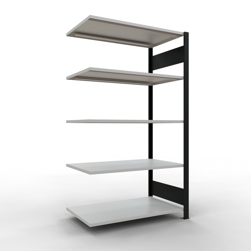 Rayonnage de bureau SCHULTE travée auxiliaire, utilisable des deux cotés, sans butées centrales, CT 150 kg, noir, HxlxP 1 800 x 1 000 x 600 mm Illustration du produit: Rayonnage de bureau SCHULTE travée auxiliaire, utilisable des deux cotés, sans butées centrales, CT 150 kg, noir, HxlxP 1 800 x 1 000 x 600 mm