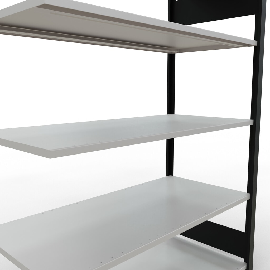 Rayonnage de bureau SCHULTE travée auxiliaire, utilisable des deux cotés, sans butées centrales, CT 150 kg, noir, HxlxP 1 800 x 1 300 x 600 mm N° de l'image du produit 4 : Rayonnage de bureau SCHULTE travée auxiliaire, utilisable des deux cotés, sans butées centrales, CT 150 kg, noir, HxlxP 1 800 x 1 300 x 600 mm