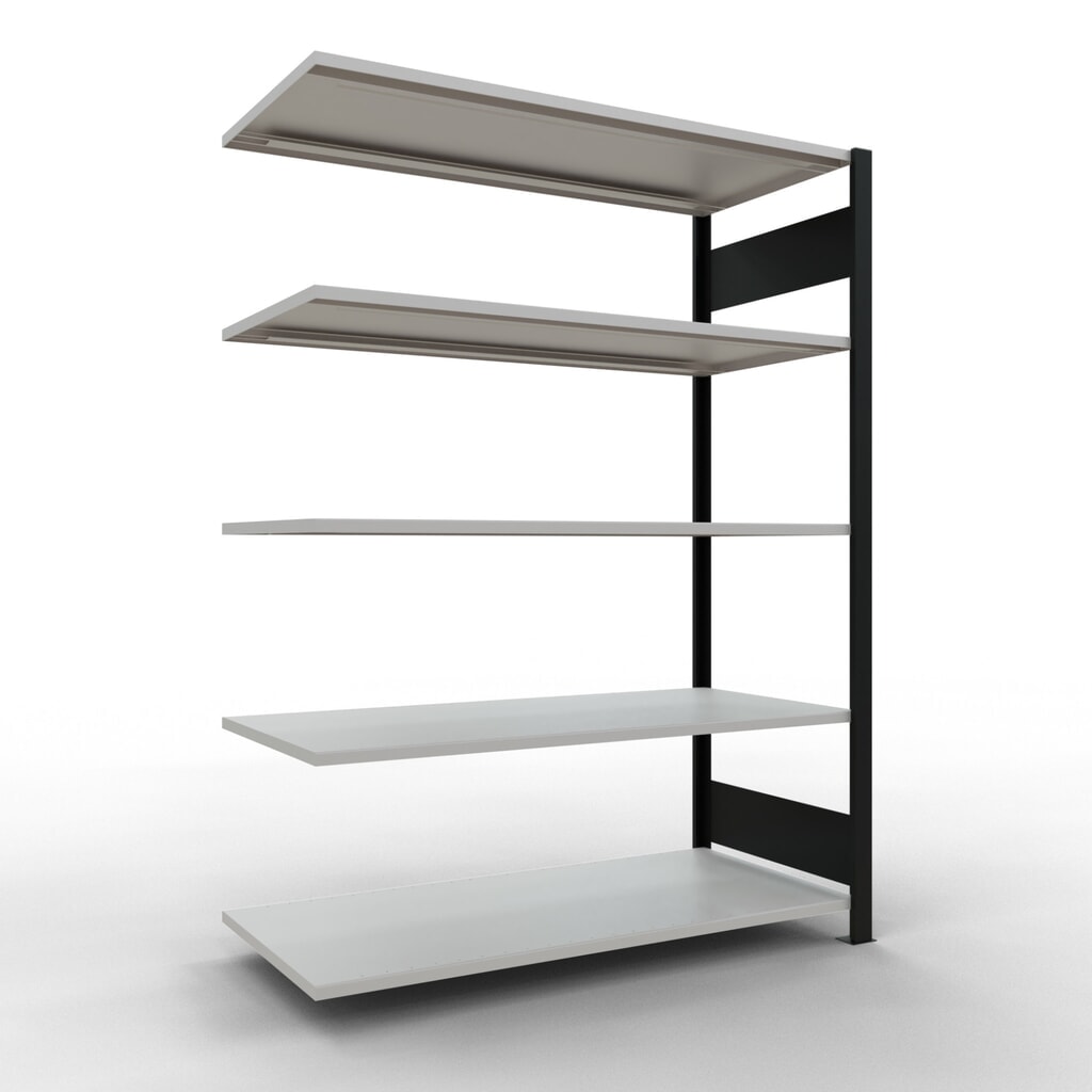 Rayonnage de bureau SCHULTE travée auxiliaire, utilisable des deux cotés, sans butées centrales, CT 150 kg, noir, HxlxP 1 800 x 1 300 x 600 mm Illustration du produit: Rayonnage de bureau SCHULTE travée auxiliaire, utilisable des deux cotés, sans butées centrales, CT 150 kg, noir, HxlxP 1 800 x 1 300 x 600 mm