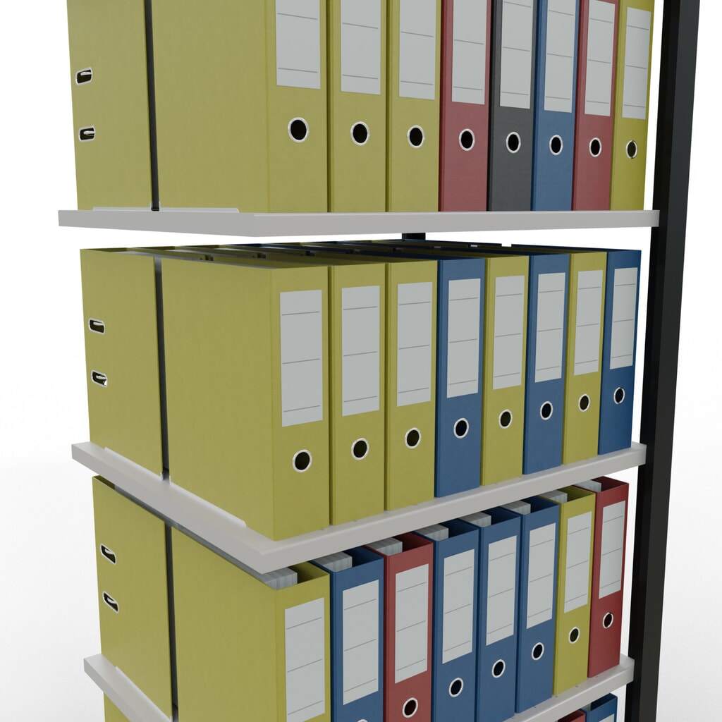 Rayonnage de bureau SCHULTE travée auxiliaire, utilisable des deux côtés, sans butées centrales, CT 150 kg, noir, HxlxP 2 000 x 750 x 600 mm N° de l'image du produit 3 : Rayonnage de bureau SCHULTE travée auxiliaire, utilisable des deux côtés, sans butées centrales, CT 150 kg, noir, HxlxP 2 000 x 750 x 600 mm