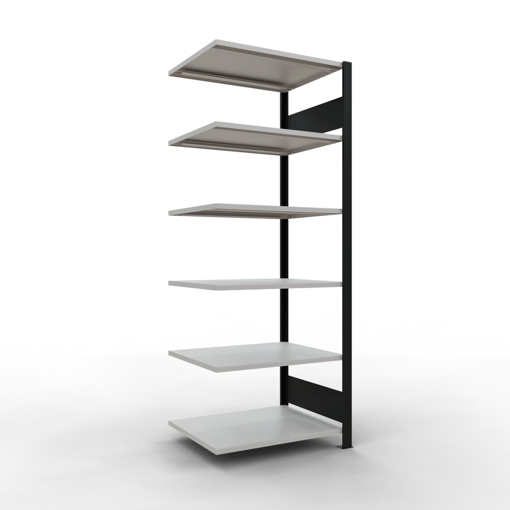 Illustration du produit: Rayonnage de bureau SCHULTE travée auxiliaire, utilisable des deux côtés, sans butées centrales, CT 150 kg, noir, HxlxP 2 000 x 750 x 600 mm