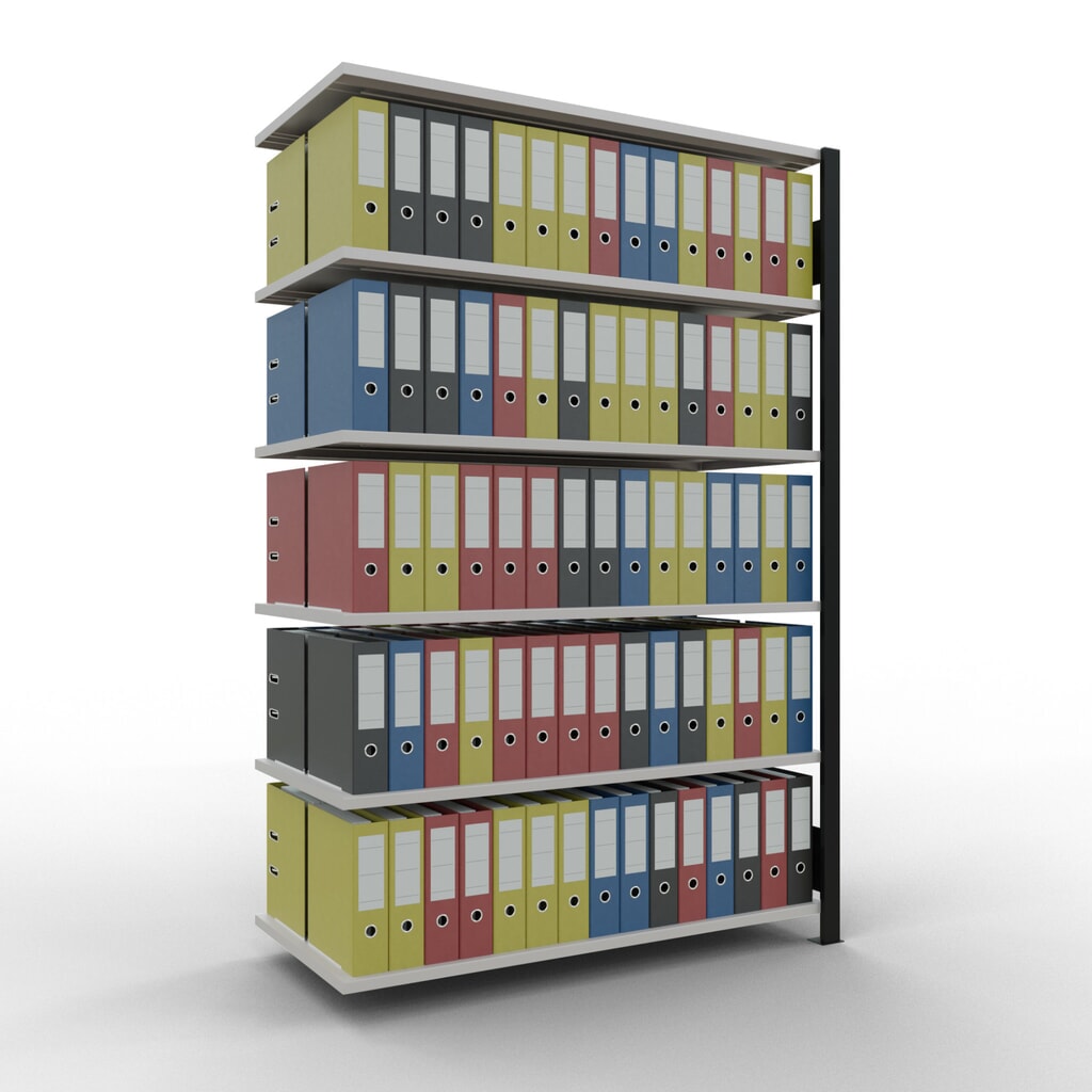 Rayonnage de bureau SCHULTE travée auxiliaire, utilisable des deux côtés, sans butées centrales, CT 150 kg, noir, HxlxP 2 000 x 1 300 x 600 mm N° de l'image du produit 2 : Rayonnage de bureau SCHULTE travée auxiliaire, utilisable des deux côtés, sans butées centrales, CT 150 kg, noir, HxlxP 2 000 x 1 300 x 600 mm