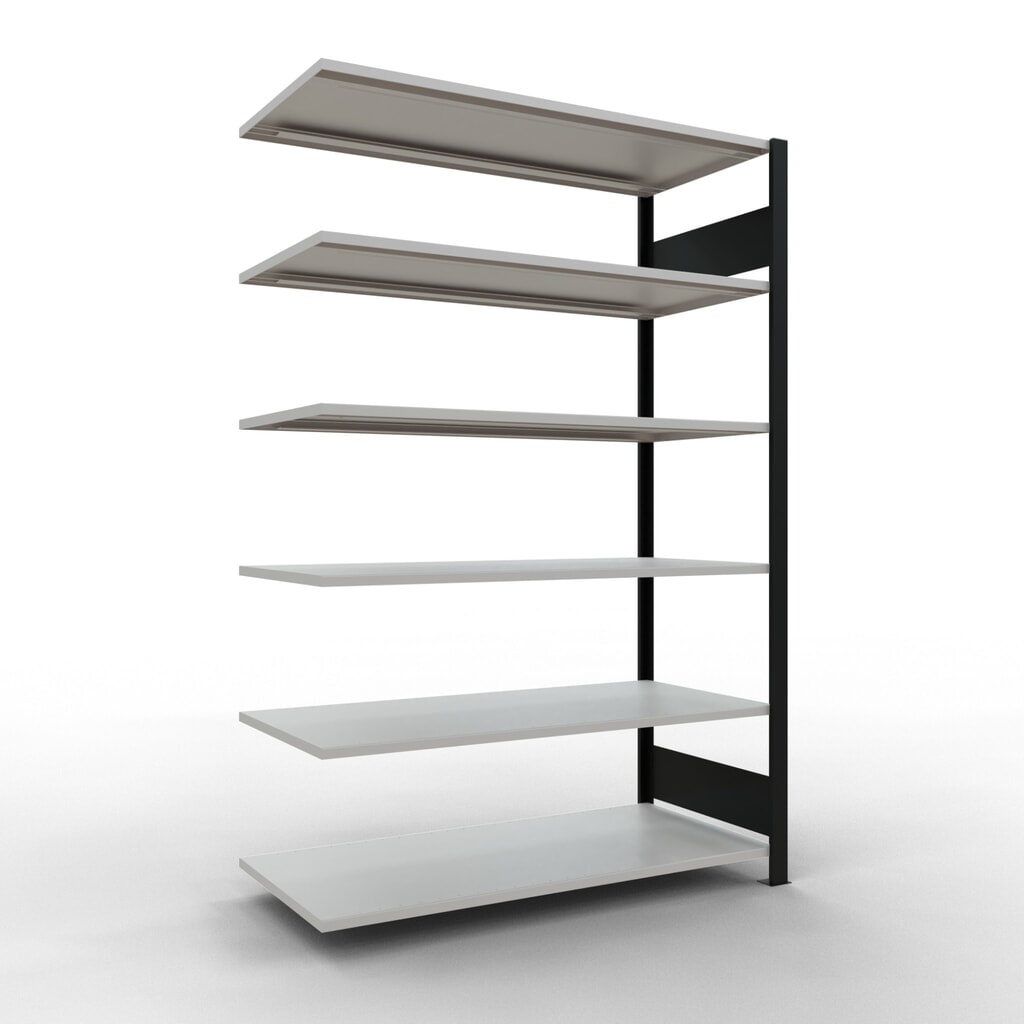 Illustration du produit: Rayonnage de bureau SCHULTE travée auxiliaire, utilisable des deux côtés, sans butées centrales, CT 150 kg, noir, HxlxP 2 000 x 1 300 x 600 mm