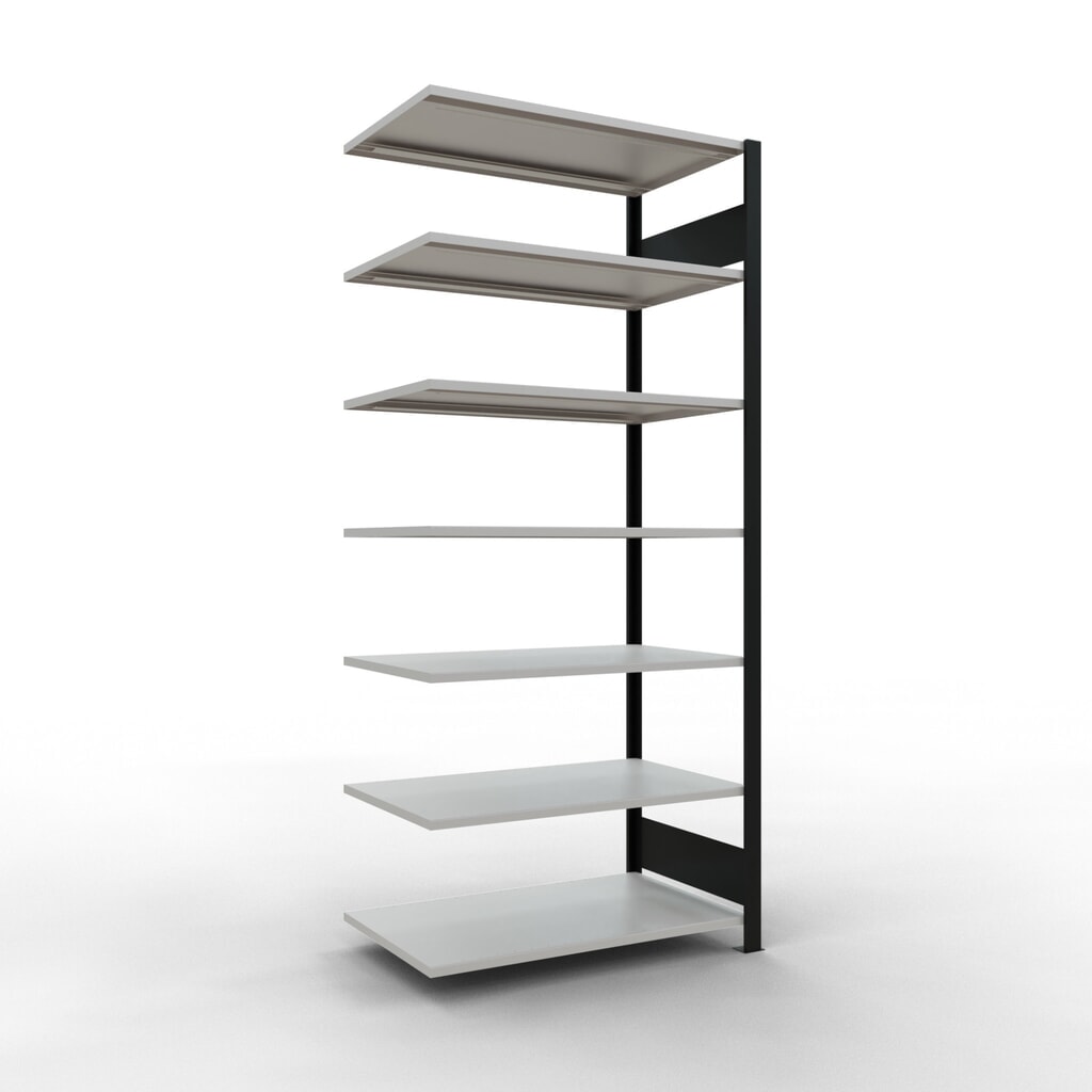 Rayonnage de bureau SCHULTE travée auxiliaire, utilisable des deux côtés, sans butées centrales, CT 150 kg, noir, HxlxP 2 300 x 1 000 x 600 mm Illustration du produit: Rayonnage de bureau SCHULTE travée auxiliaire, utilisable des deux côtés, sans butées centrales, CT 150 kg, noir, HxlxP 2 300 x 1 000 x 600 mm