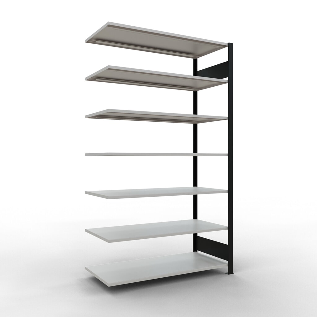 Rayonnage de bureau SCHULTE travée auxiliaire, utilisable des deux côtés, sans butées centrales, CT 150 kg, noir, HxlxP 2 300 x 1 300 x 600 mm Illustration du produit: Rayonnage de bureau SCHULTE travée auxiliaire, utilisable des deux côtés, sans butées centrales, CT 150 kg, noir, HxlxP 2 300 x 1 300 x 600 mm
