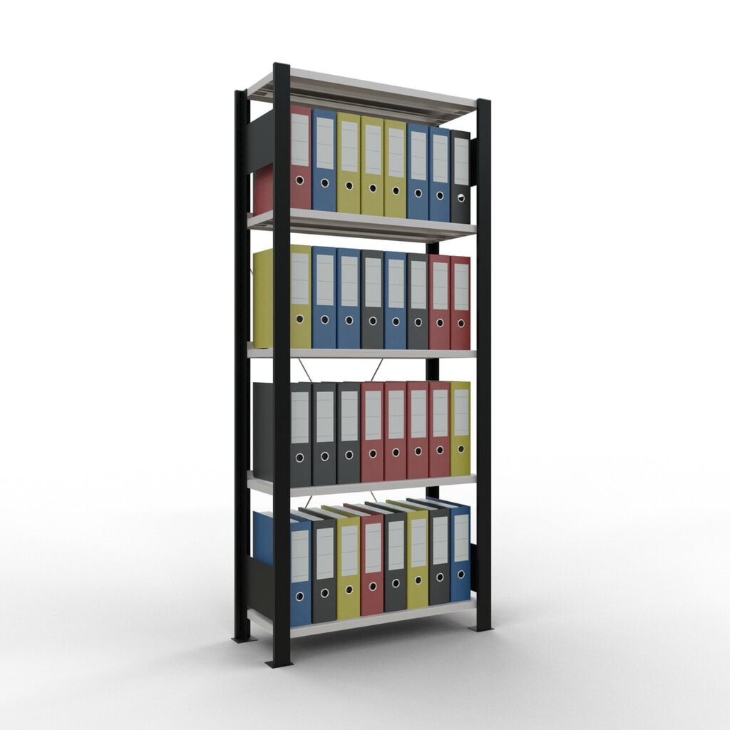 Rayonnage de bureau SCHULTE travée de base, utilisable d’un seul côté, avec barres de butée, CT 85 kg, noir, HxlxP 1 800 x 750 x 300 mm N° de l'image du produit 2 : Rayonnage de bureau SCHULTE travée de base, utilisable d’un seul côté, avec barres de butée, CT 85 kg, noir, HxlxP 1 800 x 750 x 300 mm