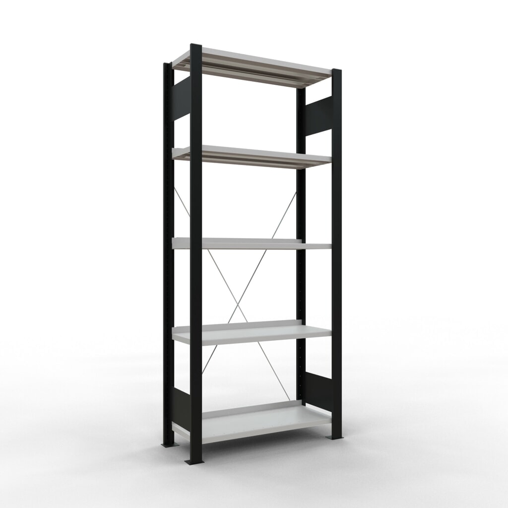 Rayonnage de bureau SCHULTE travée de base, utilisable d’un seul côté, avec barres de butée, CT 85 kg, noir, HxlxP 1 800 x 750 x 300 mm Illustration du produit: Rayonnage de bureau SCHULTE travée de base, utilisable d’un seul côté, avec barres de butée, CT 85 kg, noir, HxlxP 1 800 x 750 x 300 mm