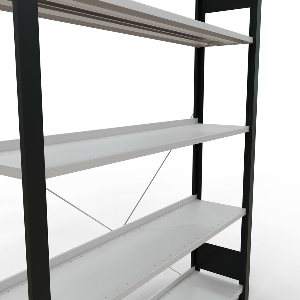 Rayonnage de bureau SCHULTE travée de base, utilisable d’un seul côté, avec barres de butée, CT 85 kg, noir, HxlxP 1 800 x 1 300 x 300 mm N° de l'image du produit 4 : Rayonnage de bureau SCHULTE travée de base, utilisable d’un seul côté, avec barres de butée, CT 85 kg, noir, HxlxP 1 800 x 1 300 x 300 mm