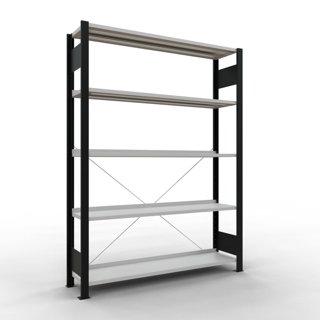Rayonnage de bureau SCHULTE travée de base, utilisable d’un seul côté, avec barres de butée, CT 85 kg, noir, HxlxP 1 800 x 1 300 x 300 mm Illustration du produit: Rayonnage de bureau SCHULTE travée de base, utilisable d’un seul côté, avec barres de butée, CT 85 kg, noir, HxlxP 1 800 x 1 300 x 300 mm
