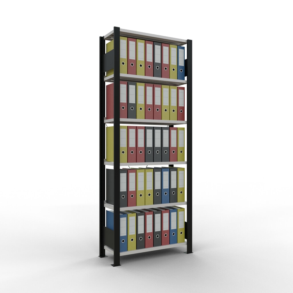 Rayonnage de bureau SCHULTE travée de base, utilisable d’un seul côté, avec barres de butée, CT 85 kg, noir, HxlxP 2 000 x 750 x 300 mm N° de l'image du produit 2 : Rayonnage de bureau SCHULTE travée de base, utilisable d’un seul côté, avec barres de butée, CT 85 kg, noir, HxlxP 2 000 x 750 x 300 mm