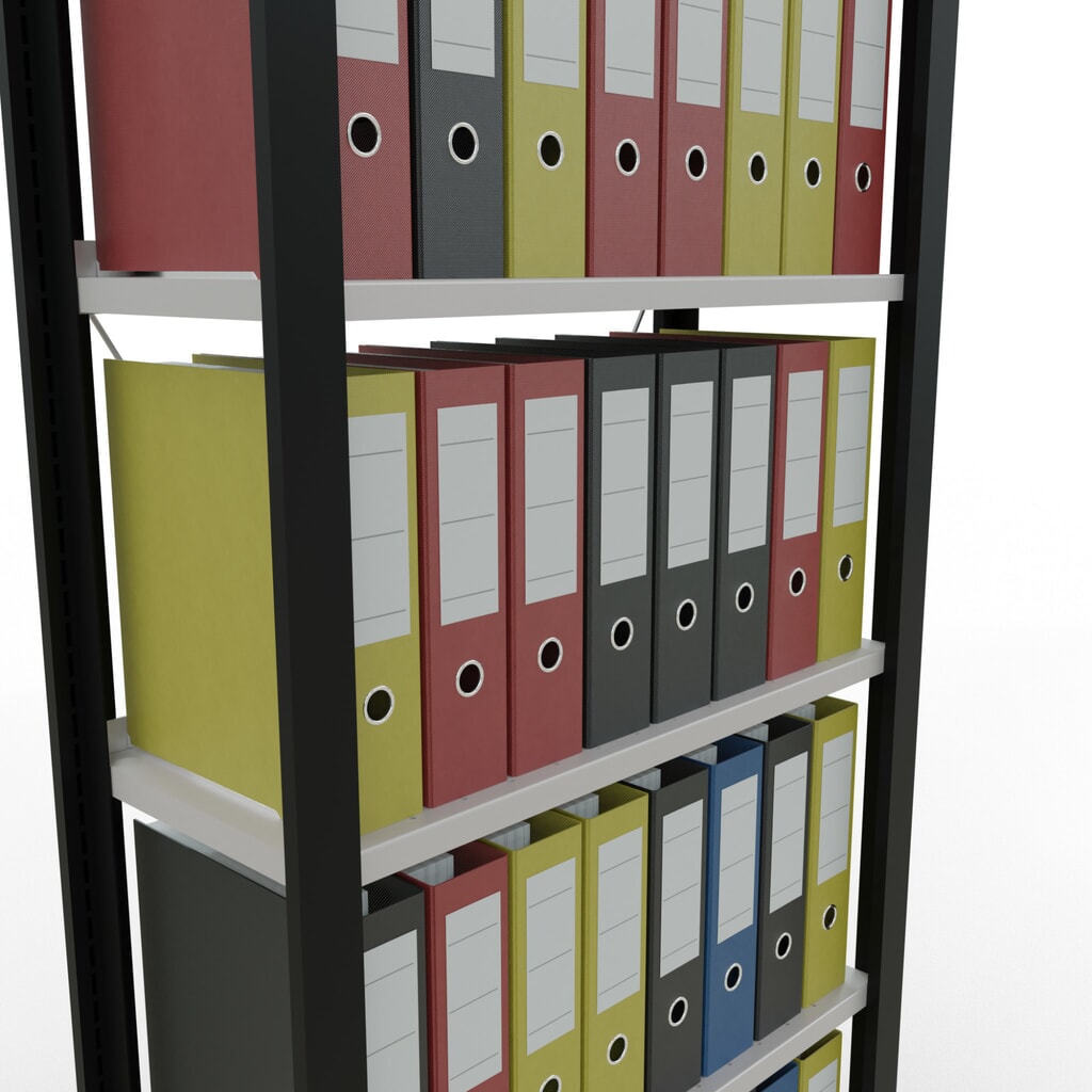 Rayonnage de bureau SCHULTE travée de base, utilisable d’un seul côté, avec barres de butée, CT 85 kg, noir, HxlxP 2 000 x 750 x 300 mm N° de l'image du produit 3 : Rayonnage de bureau SCHULTE travée de base, utilisable d’un seul côté, avec barres de butée, CT 85 kg, noir, HxlxP 2 000 x 750 x 300 mm