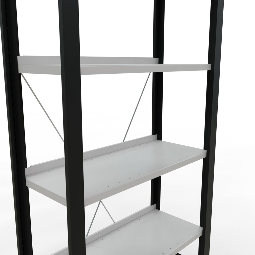 Rayonnage de bureau SCHULTE travée de base, utilisable d’un seul côté, avec barres de butée, CT 85 kg, noir, HxlxP 2 000 x 750 x 300 mm N° de l'image du produit 4 : Rayonnage de bureau SCHULTE travée de base, utilisable d’un seul côté, avec barres de butée, CT 85 kg, noir, HxlxP 2 000 x 750 x 300 mm
