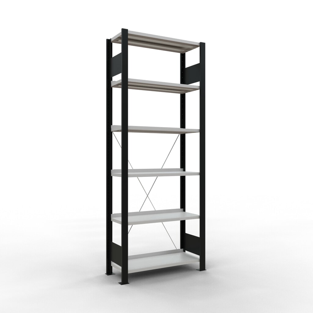Rayonnage de bureau SCHULTE travée de base, utilisable d’un seul côté, avec barres de butée, CT 85 kg, noir, HxlxP 2 000 x 750 x 300 mm Illustration du produit: Rayonnage de bureau SCHULTE travée de base, utilisable d’un seul côté, avec barres de butée, CT 85 kg, noir, HxlxP 2 000 x 750 x 300 mm