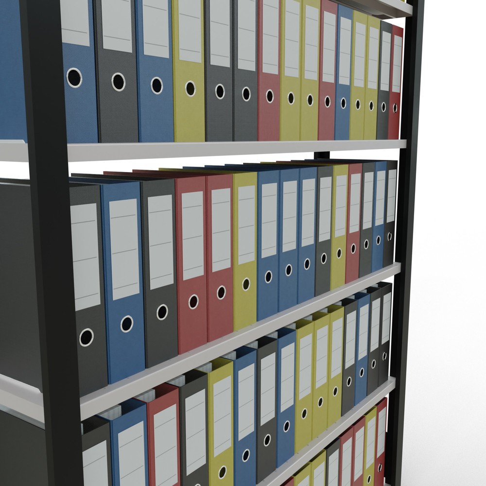 Numéro de l'image du produit 3: Rayonnage de bureau SCHULTE travée de base, utilisable d’un seul côté, avec barres de butée, CT 85 kg, noir, HxlxP 2 000 x 1 300 x 300 mm