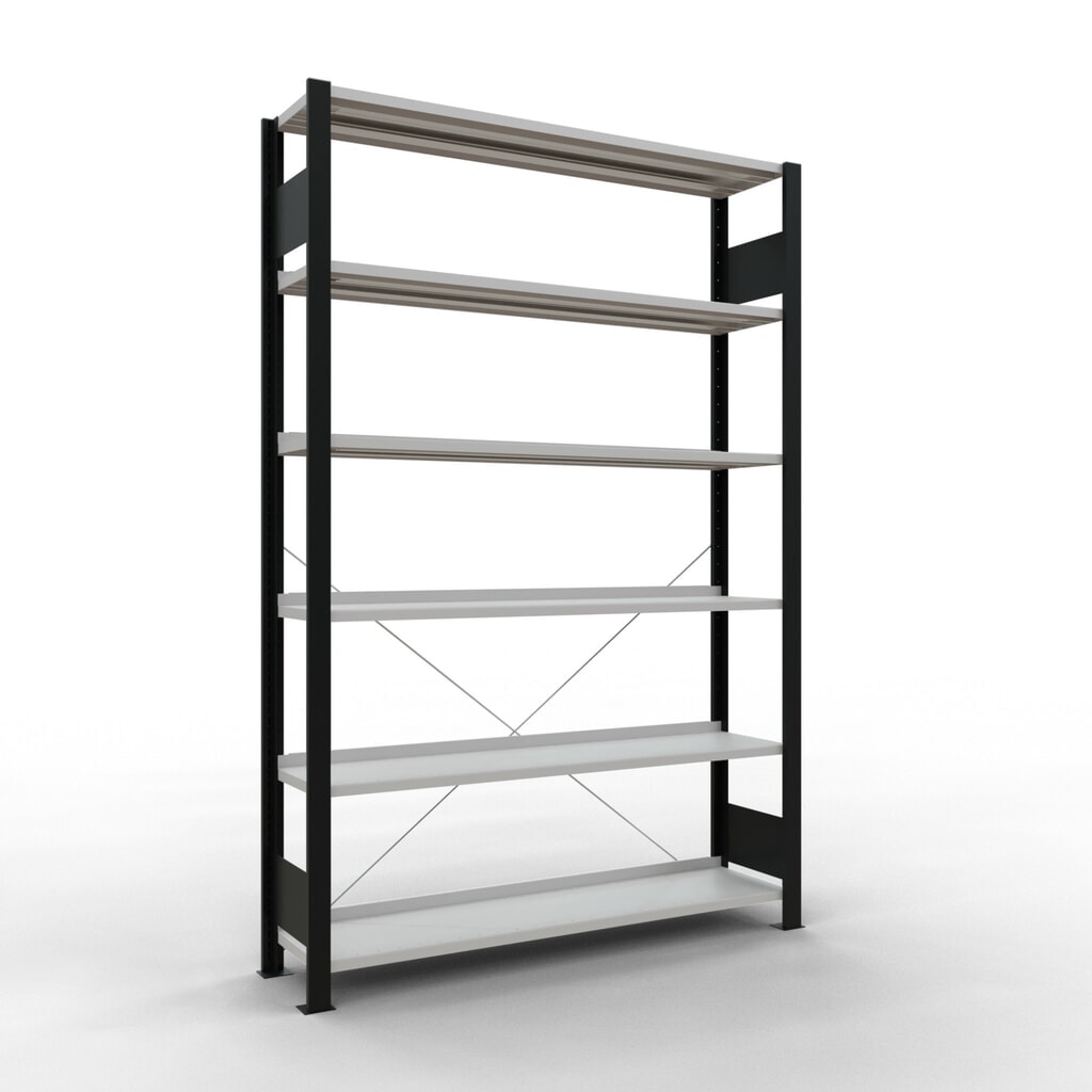 Illustration du produit: Rayonnage de bureau SCHULTE travée de base, utilisable d’un seul côté, avec barres de butée, CT 85 kg, noir, HxlxP 2 000 x 1 300 x 300 mm
