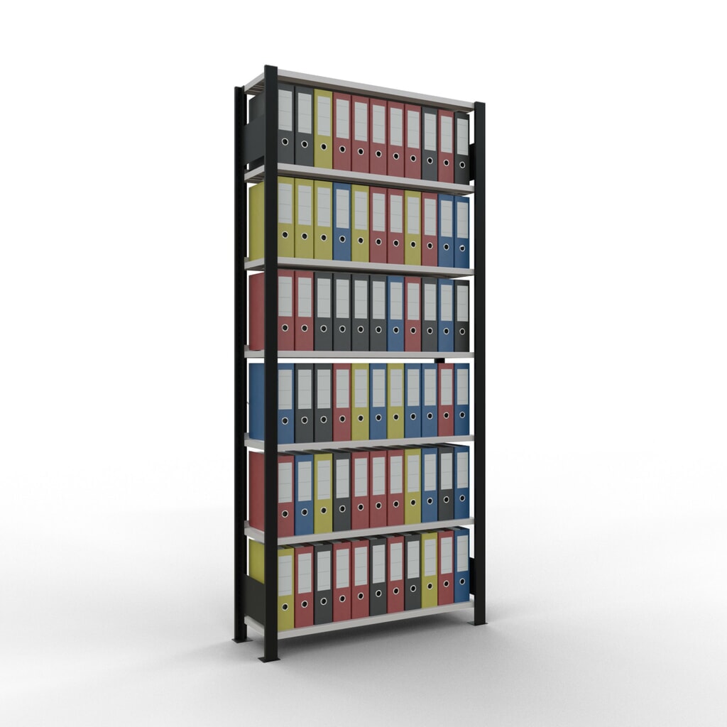 N° de l'image du produit 2 : Rayonnage de bureau SCHULTE travée de base, utilisable d’un seul côté, avec barres de butée, CT 85 kg, noir, HxlxP 2 300 x 1 000 x 300 mm