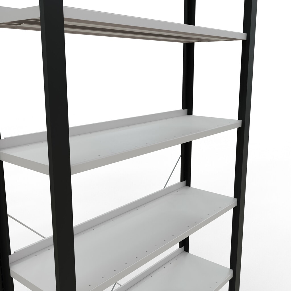 Rayonnage de bureau SCHULTE travée de base, utilisable d’un seul côté, avec barres de butée, CT 85 kg, noir, HxlxP 2 300 x 1 000 x 300 mm N° de l'image du produit 4 : Rayonnage de bureau SCHULTE travée de base, utilisable d’un seul côté, avec barres de butée, CT 85 kg, noir, HxlxP 2 300 x 1 000 x 300 mm