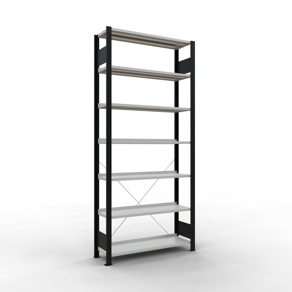 Rayonnage de bureau SCHULTE travée de base, utilisable d’un seul côté, avec barres de butée, CT 85 kg, noir, HxlxP 2 300 x 1 000 x 300 mm Illustration du produit: Rayonnage de bureau SCHULTE travée de base, utilisable d’un seul côté, avec barres de butée, CT 85 kg, noir, HxlxP 2 300 x 1 000 x 300 mm