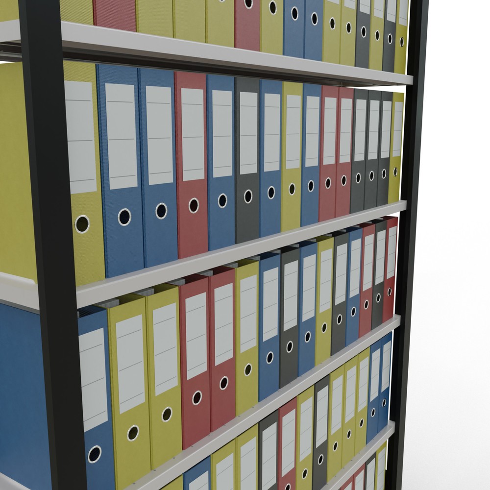 Numéro de l'image du produit 3: Rayonnage de bureau SCHULTE travée de base, utilisable d’un seul côté, avec barres de butée, CT 85 kg, noir, HxlxP 2 300 x 1 300 x 300 mm