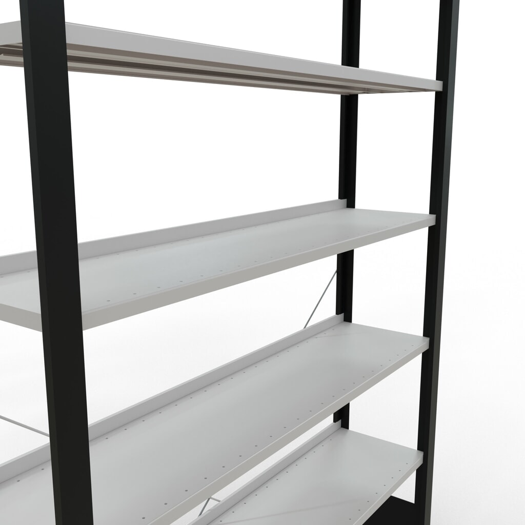 N° de l'image du produit 4 : Rayonnage de bureau SCHULTE travée de base, utilisable d’un seul côté, avec barres de butée, CT 85 kg, noir, HxlxP 2 300 x 1 300 x 300 mm