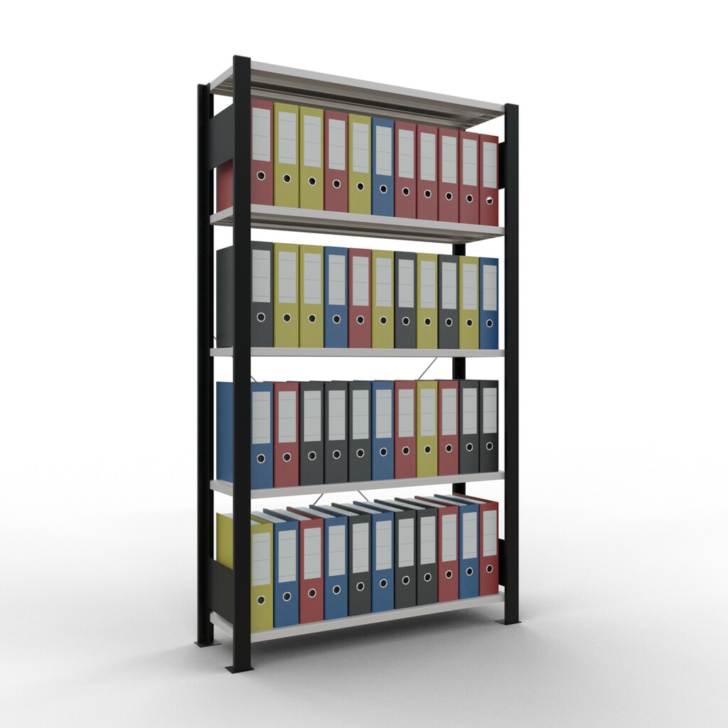 Rayonnage de bureau SCHULTE travée de base, utilisable d’un seul côté, sans barres de butée, CT 85 kg, noir, HxlxP 1 800 x 1 000 x 300 mm N° de l'image du produit 2 : Rayonnage de bureau SCHULTE travée de base, utilisable d’un seul côté, sans barres de butée, CT 85 kg, noir, HxlxP 1 800 x 1 000 x 300 mm