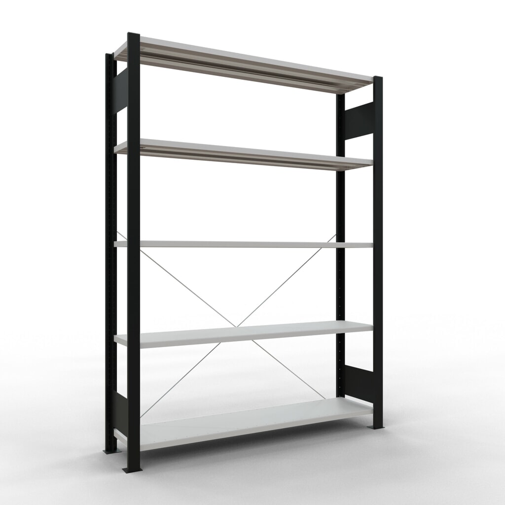 Rayonnage de bureau SCHULTE travée de base, utilisable d’un seul côté, sans barres de butée, CT 85 kg, noir, HxlxP 1 .800 x 1 300 x 300 mm Illustration du produit: Rayonnage de bureau SCHULTE travée de base, utilisable d’un seul côté, sans barres de butée, CT 85 kg, noir, HxlxP 1 .800 x 1 300 x 300 mm