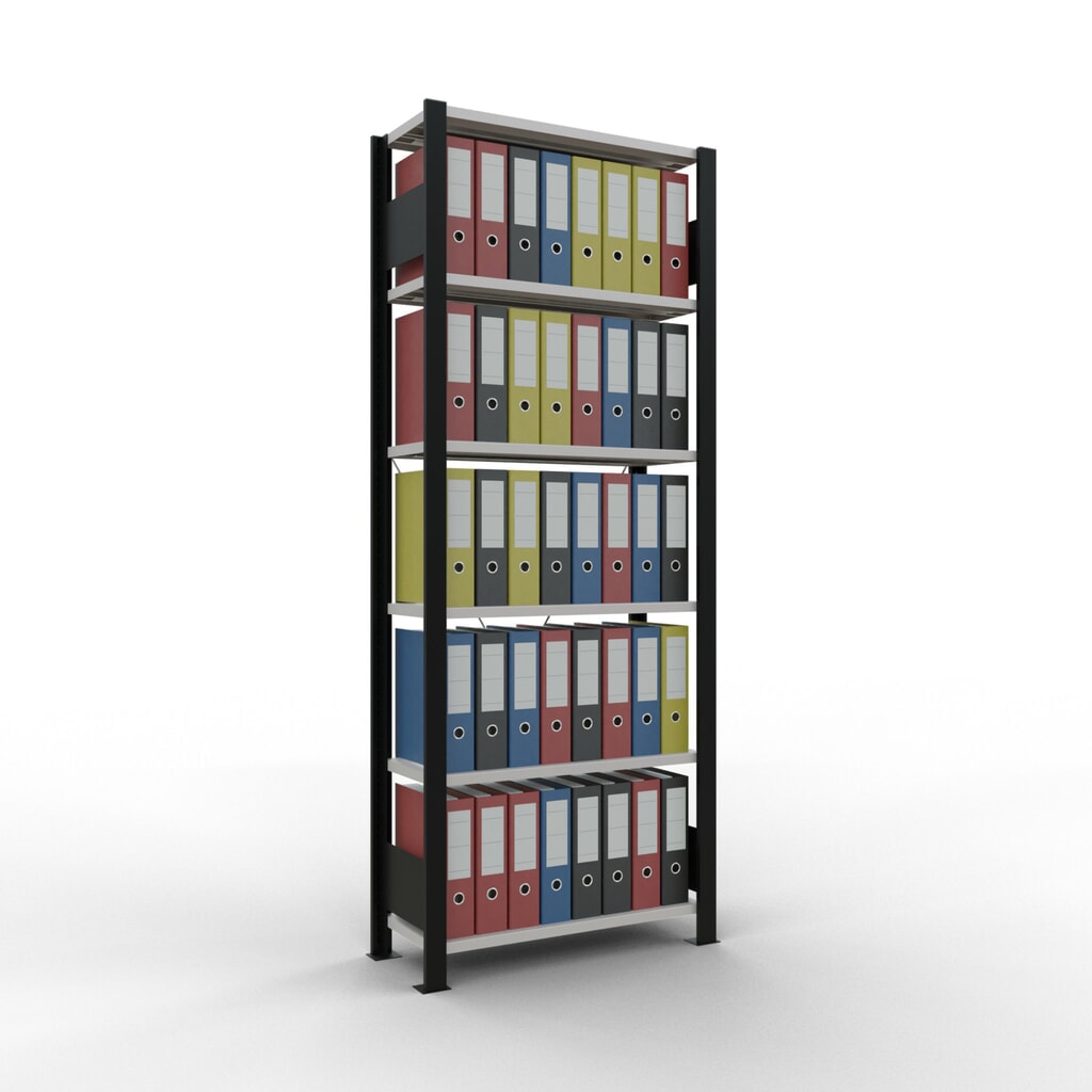 Rayonnage de bureau SCHULTE travée de base, utilisable d’un seul côté, sans barres de butée, CT 85 kg, noir, HxlxP 2 000 x 750 x 300 mm N° de l'image du produit 2 : Rayonnage de bureau SCHULTE travée de base, utilisable d’un seul côté, sans barres de butée, CT 85 kg, noir, HxlxP 2 000 x 750 x 300 mm
