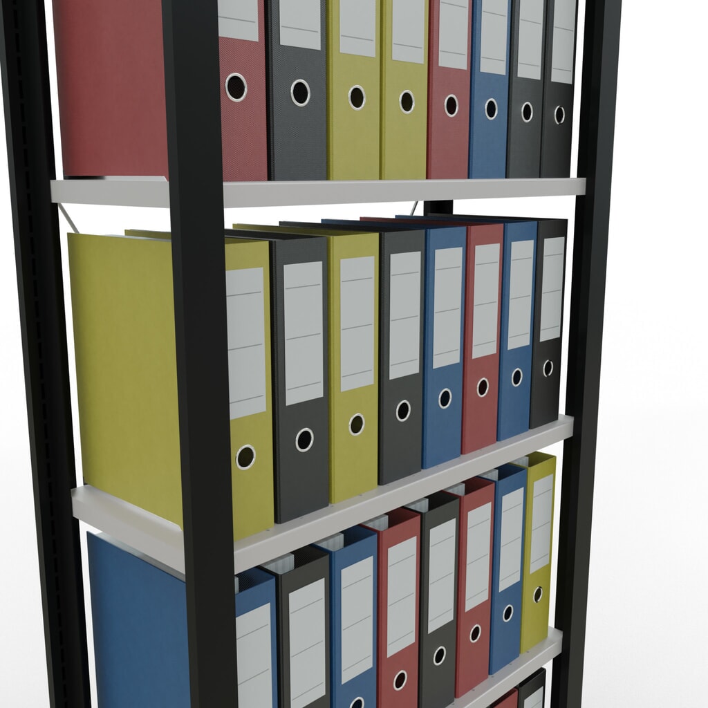 Rayonnage de bureau SCHULTE travée de base, utilisable d’un seul côté, sans barres de butée, CT 85 kg, noir, HxlxP 2 000 x 750 x 300 mm N° de l'image du produit 3 : Rayonnage de bureau SCHULTE travée de base, utilisable d’un seul côté, sans barres de butée, CT 85 kg, noir, HxlxP 2 000 x 750 x 300 mm