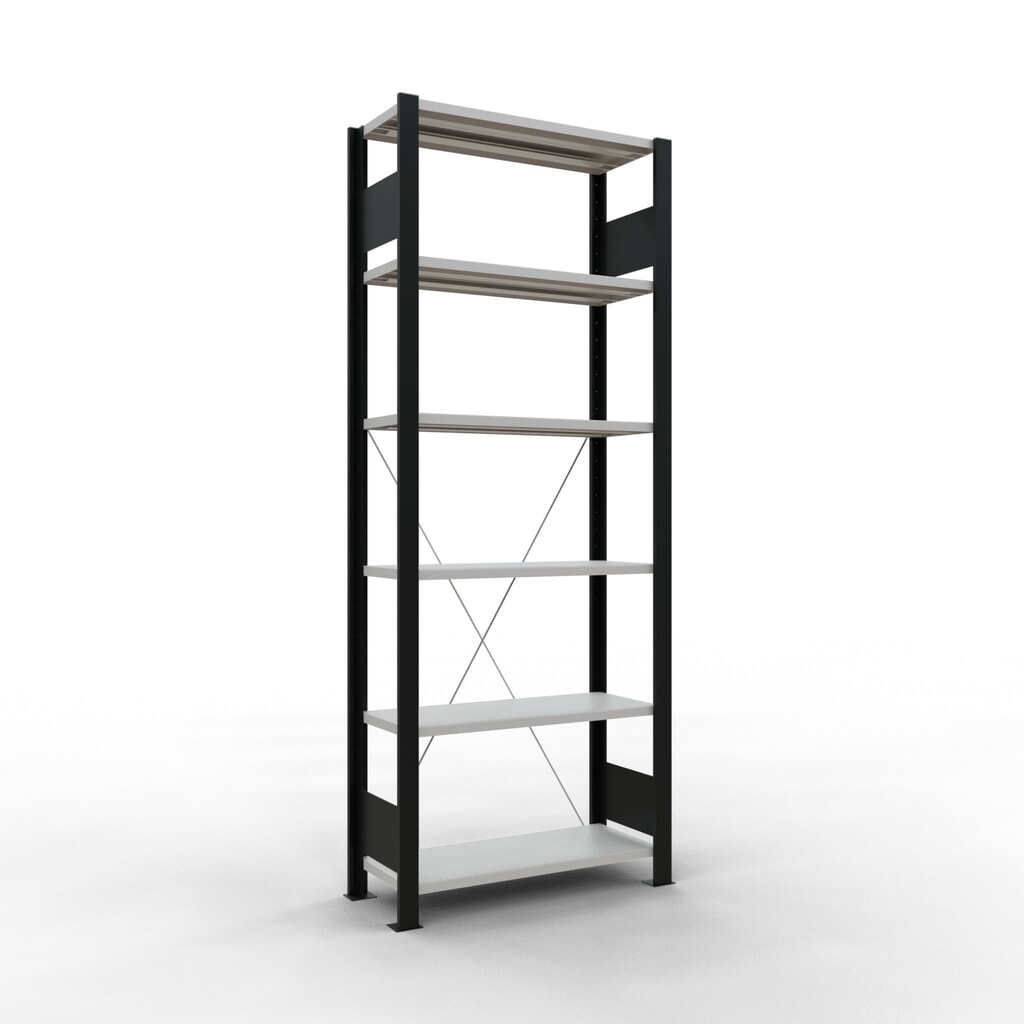 Illustration du produit: Rayonnage de bureau SCHULTE travée de base, utilisable d’un seul côté, sans barres de butée, CT 85 kg, noir, HxlxP 2 000 x 750 x 300 mm