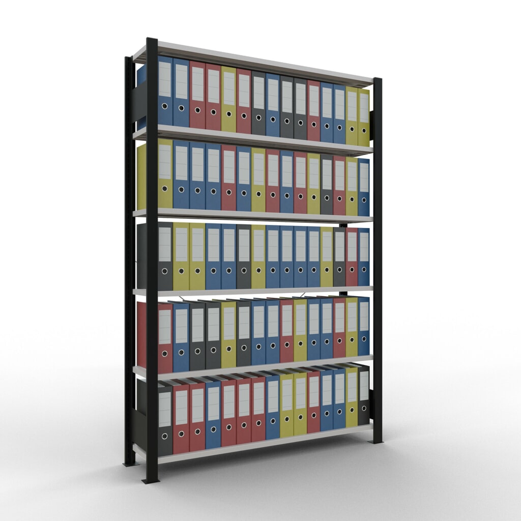 Rayonnage de bureau SCHULTE travée de base, utilisable d’un seul côté, sans barres de butée, CT 85 kg, noir, HxlxP 2 000 x 1 300 x 300 mm N° de l'image du produit 2 : Rayonnage de bureau SCHULTE travée de base, utilisable d’un seul côté, sans barres de butée, CT 85 kg, noir, HxlxP 2 000 x 1 300 x 300 mm
