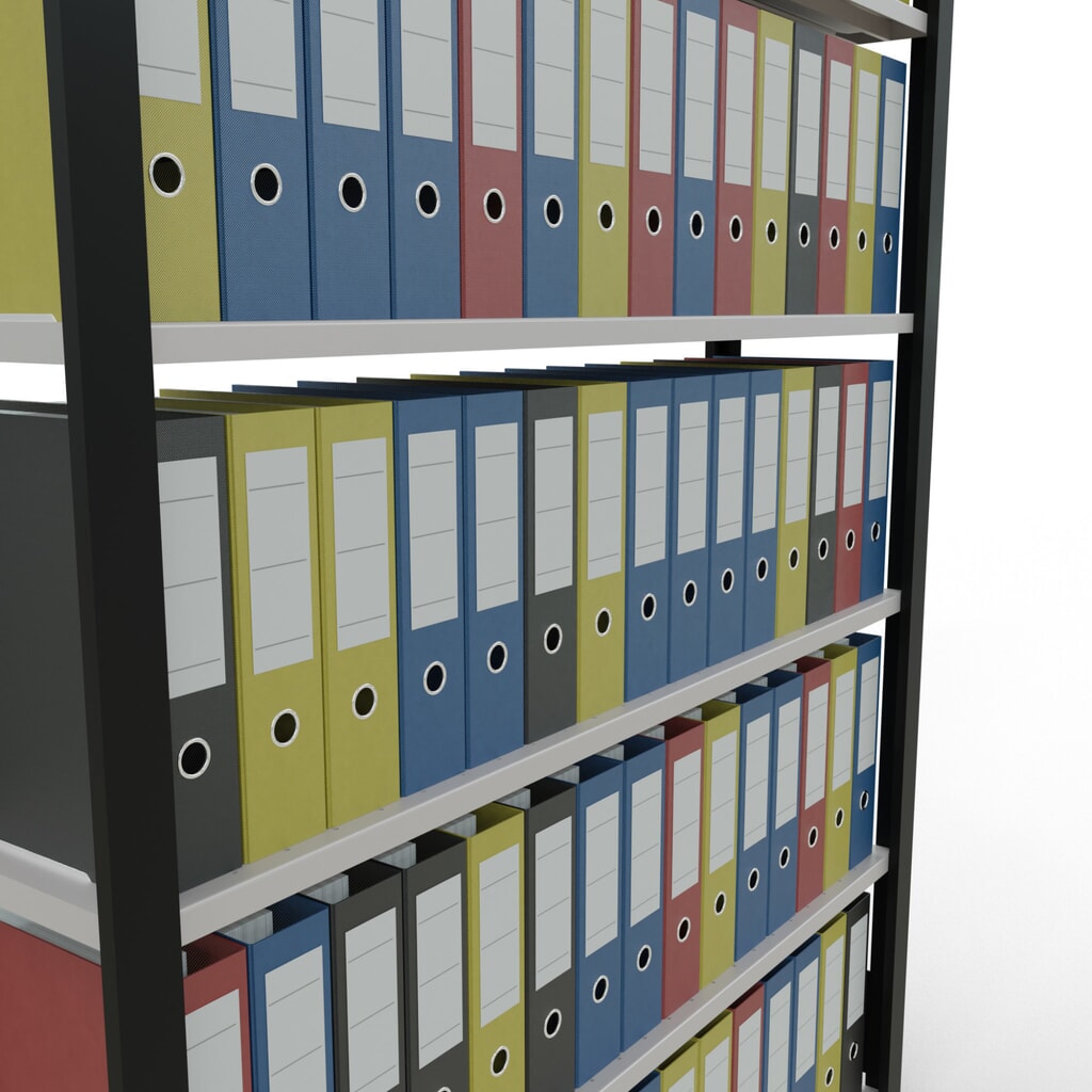Rayonnage de bureau SCHULTE travée de base, utilisable d’un seul côté, sans barres de butée, CT 85 kg, noir, HxlxP 2 000 x 1 300 x 300 mm N° de l'image du produit 3 : Rayonnage de bureau SCHULTE travée de base, utilisable d’un seul côté, sans barres de butée, CT 85 kg, noir, HxlxP 2 000 x 1 300 x 300 mm