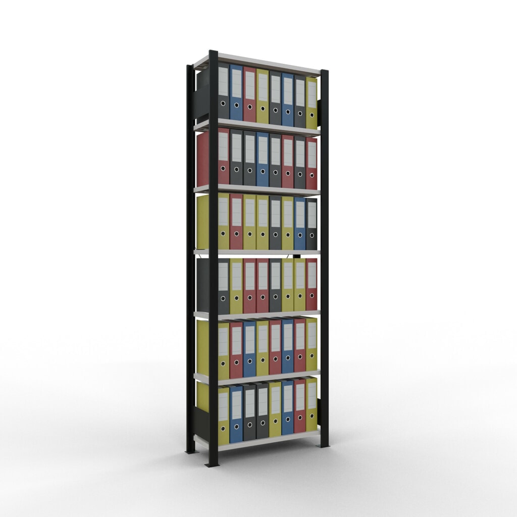 Rayonnage de bureau SCHULTE travée de base, utilisable d’un seul côté, sans barres de butée, CT 85 kg, noir, HxlxP 2 300 x 750 x 300 mm N° de l'image du produit 2 : Rayonnage de bureau SCHULTE travée de base, utilisable d’un seul côté, sans barres de butée, CT 85 kg, noir, HxlxP 2 300 x 750 x 300 mm