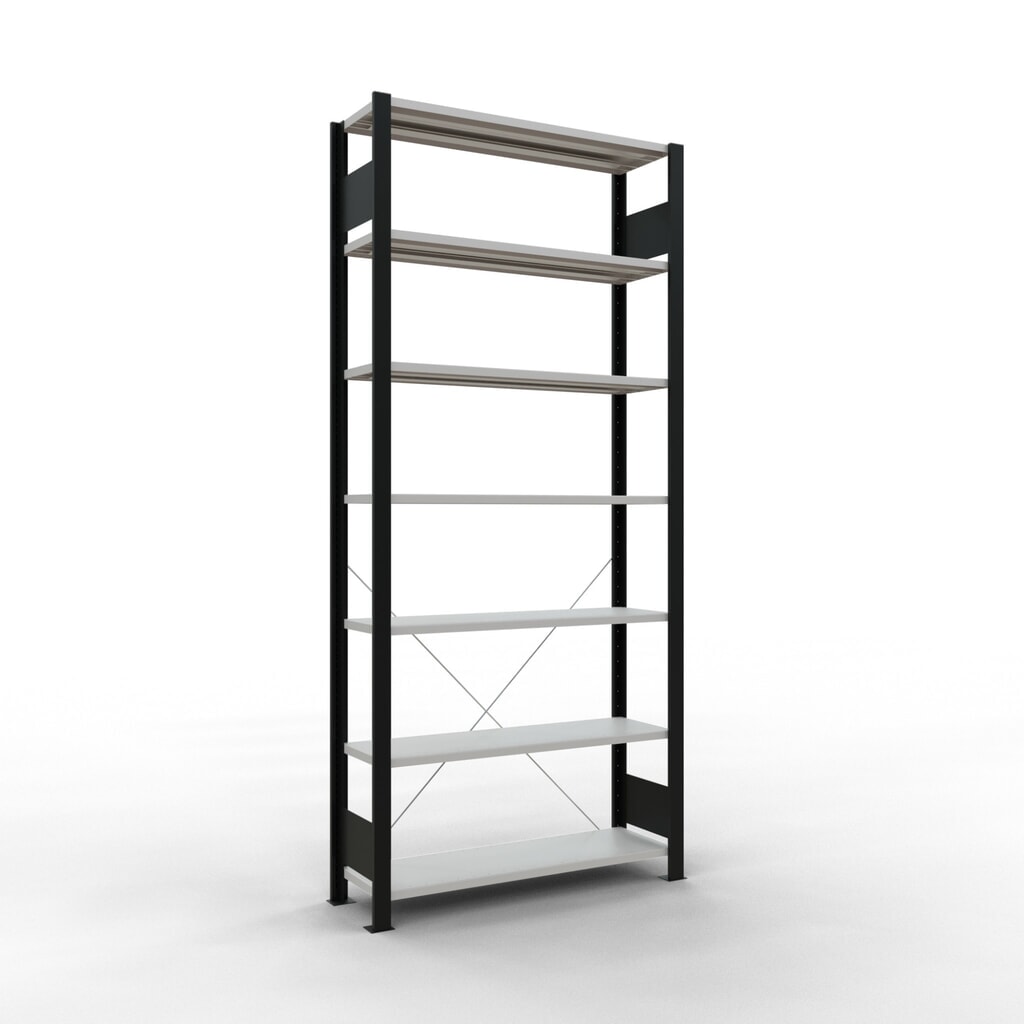 Rayonnage de bureau SCHULTE travée de base, utilisable d’un seul côté, sans barres de butée, CT 85 kg, noir, HxlxP 2 300 x 1 000 x 300 mm Illustration du produit: Rayonnage de bureau SCHULTE travée de base, utilisable d’un seul côté, sans barres de butée, CT 85 kg, noir, HxlxP 2 300 x 1 000 x 300 mm