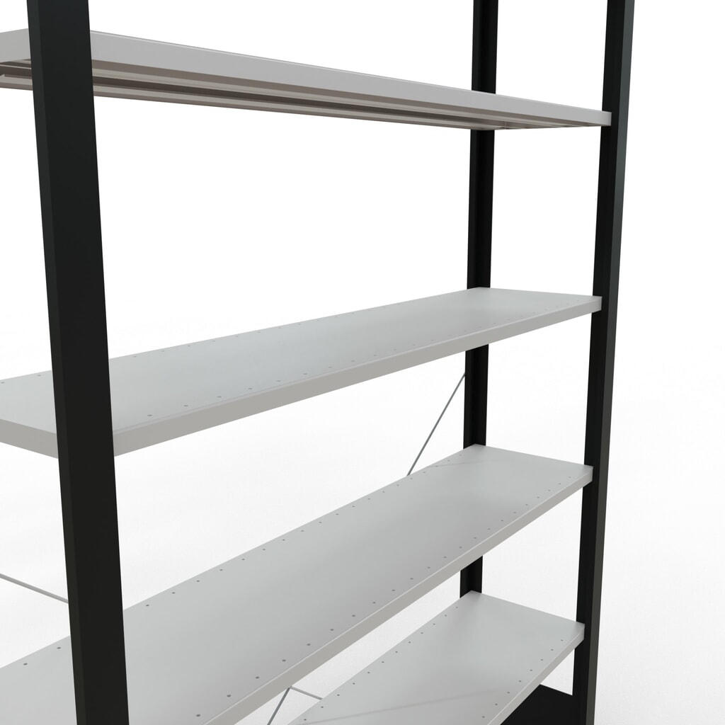 N° de l'image du produit 4 : Rayonnage de bureau SCHULTE travée de base, utilisable d’un seul côté, sans barres de butée, CT 85 kg, noir, HxlxP 2 300 x 1 300 x 300 mm