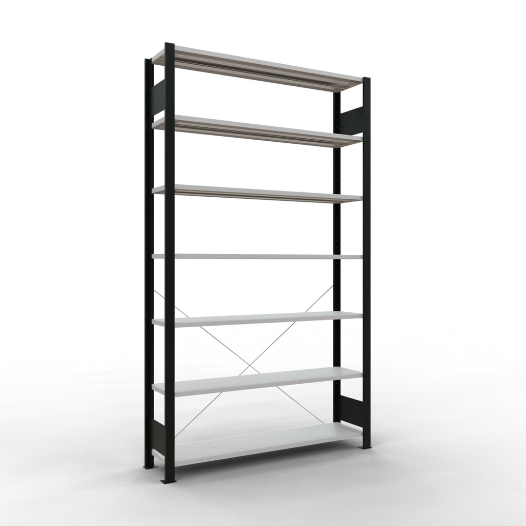 Rayonnage de bureau SCHULTE travée de base, utilisable d’un seul côté, sans barres de butée, CT 85 kg, noir, HxlxP 2 300 x 1 300 x 300 mm Illustration du produit: Rayonnage de bureau SCHULTE travée de base, utilisable d’un seul côté, sans barres de butée, CT 85 kg, noir, HxlxP 2 300 x 1 300 x 300 mm