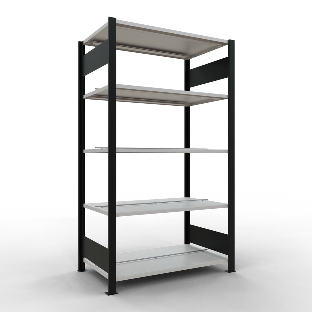 Rayonnage de bureau SCHULTE travée de base, utilisable des deux cotés, avec butées centrales, CT 150 kg, noir, HxlxP 1 800 x 1 000 x 600 mm Illustration du produit: Rayonnage de bureau SCHULTE travée de base, utilisable des deux cotés, avec butées centrales, CT 150 kg, noir, HxlxP 1 800 x 1 000 x 600 mm