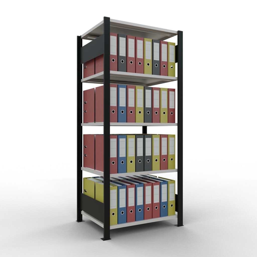 Rayonnage de bureau SCHULTE travée de base, utilisable des deux cotés, sans butées centrales, CT 150 kg, noir, HxlxP 1 800 x 750 x 600 mm N° de l'image du produit 2 : Rayonnage de bureau SCHULTE travée de base, utilisable des deux cotés, sans butées centrales, CT 150 kg, noir, HxlxP 1 800 x 750 x 600 mm