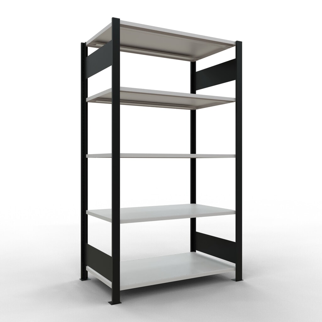 Rayonnage de bureau SCHULTE travée de base, utilisable des deux cotés, sans butées centrales, CT 150 kg, noir, HxlxP 1 800 x 1 000 x 600 mm Illustration du produit: Rayonnage de bureau SCHULTE travée de base, utilisable des deux cotés, sans butées centrales, CT 150 kg, noir, HxlxP 1 800 x 1 000 x 600 mm