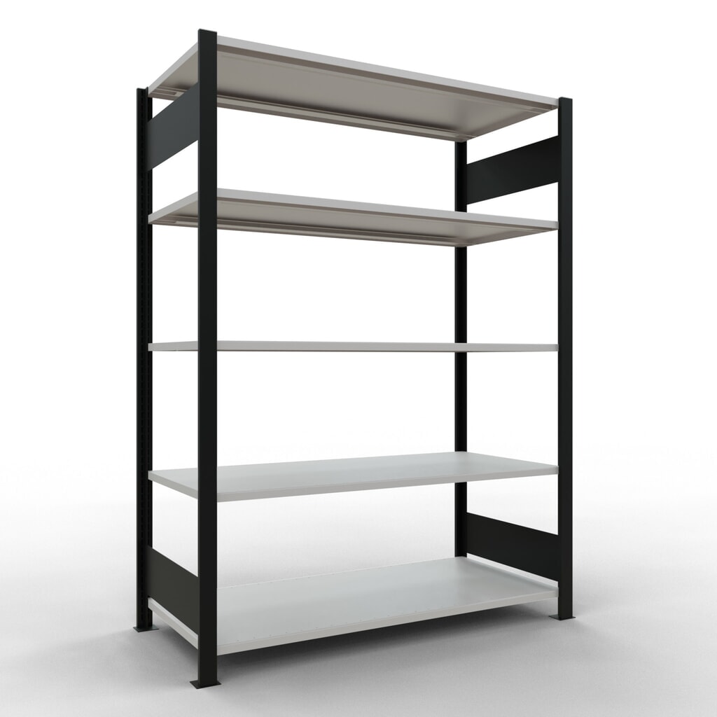 Rayonnage de bureau SCHULTE travée de base, utilisable des deux cotés, sans butées centrales, CT 150 kg, noir, HxlxP 1 800 x 1 300 x 600 mm Illustration du produit: Rayonnage de bureau SCHULTE travée de base, utilisable des deux cotés, sans butées centrales, CT 150 kg, noir, HxlxP 1 800 x 1 300 x 600 mm