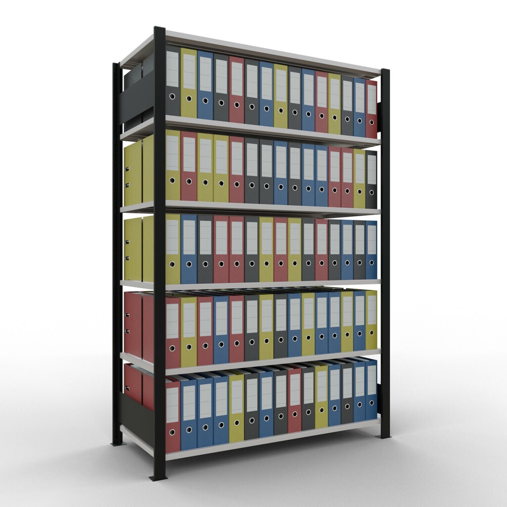 Rayonnage de bureau SCHULTE travée de base, utilisable des deux côtés, sans butées centrales, CT 150 kg, noir, HxlxP 2 000 x 1 300 x 600 mm N° de l'image du produit 2 : Rayonnage de bureau SCHULTE travée de base, utilisable des deux côtés, sans butées centrales, CT 150 kg, noir, HxlxP 2 000 x 1 300 x 600 mm