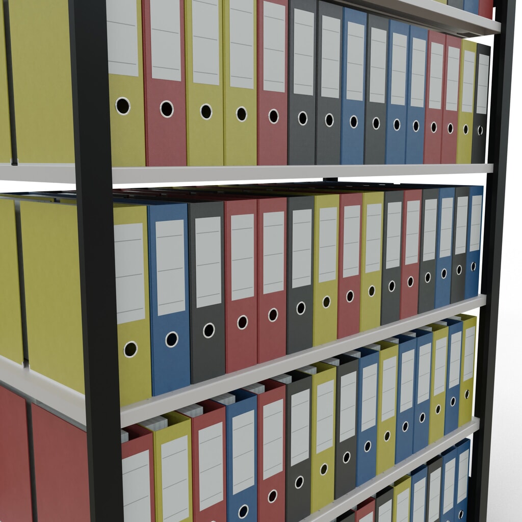 Rayonnage de bureau SCHULTE travée de base, utilisable des deux côtés, sans butées centrales, CT 150 kg, noir, HxlxP 2 000 x 1 300 x 600 mm N° de l'image du produit 3 : Rayonnage de bureau SCHULTE travée de base, utilisable des deux côtés, sans butées centrales, CT 150 kg, noir, HxlxP 2 000 x 1 300 x 600 mm