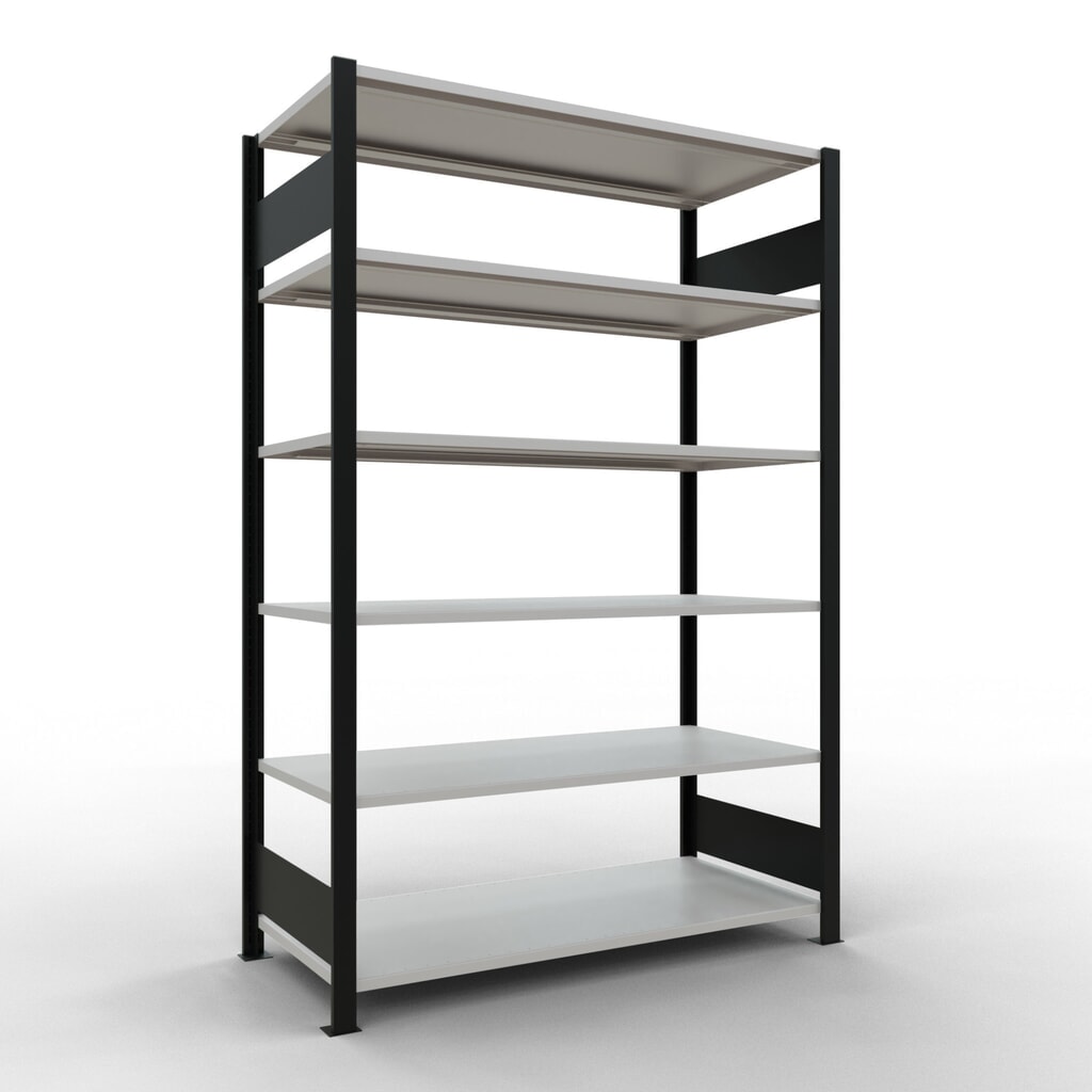Rayonnage de bureau SCHULTE travée de base, utilisable des deux côtés, sans butées centrales, CT 150 kg, noir, HxlxP 2 000 x 1 300 x 600 mm Illustration du produit: Rayonnage de bureau SCHULTE travée de base, utilisable des deux côtés, sans butées centrales, CT 150 kg, noir, HxlxP 2 000 x 1 300 x 600 mm