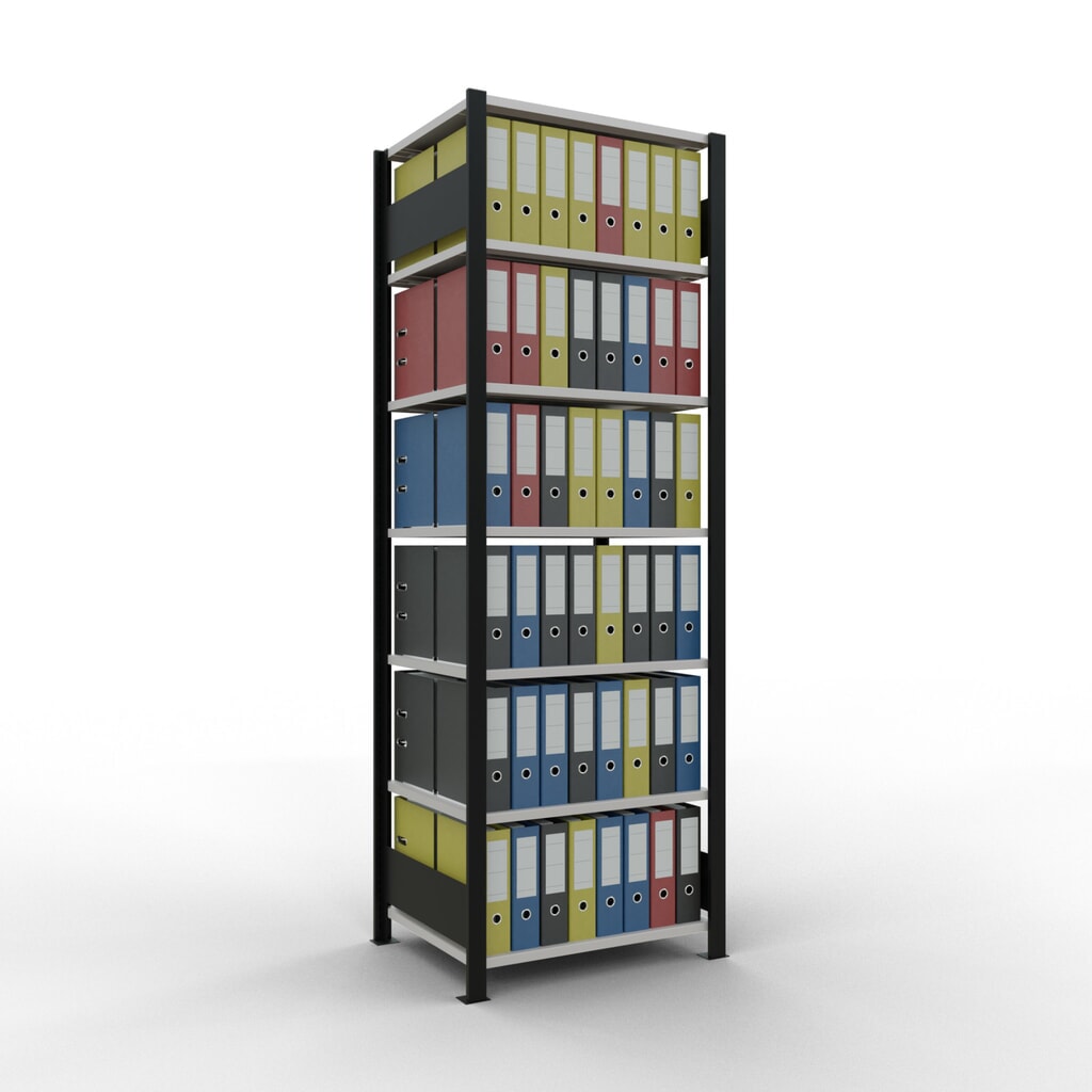Rayonnage de bureau SCHULTE travée de base, utilisable des deux côtés, sans butées centrales, CT 150 kg, noir, HxlxP 2 300 x 750 x 600 mm N° de l'image du produit 2 : Rayonnage de bureau SCHULTE travée de base, utilisable des deux côtés, sans butées centrales, CT 150 kg, noir, HxlxP 2 300 x 750 x 600 mm