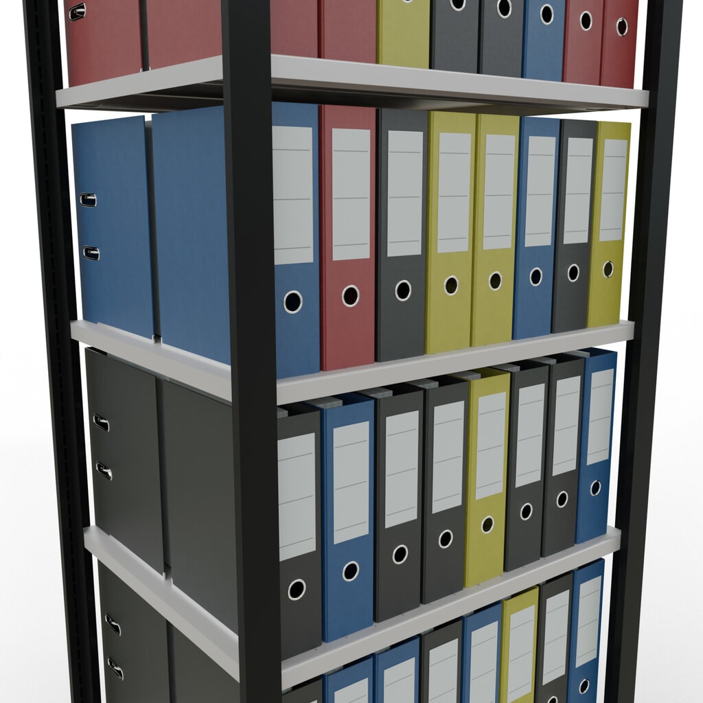 Rayonnage de bureau SCHULTE travée de base, utilisable des deux côtés, sans butées centrales, CT 150 kg, noir, HxlxP 2 300 x 750 x 600 mm N° de l'image du produit 3 : Rayonnage de bureau SCHULTE travée de base, utilisable des deux côtés, sans butées centrales, CT 150 kg, noir, HxlxP 2 300 x 750 x 600 mm