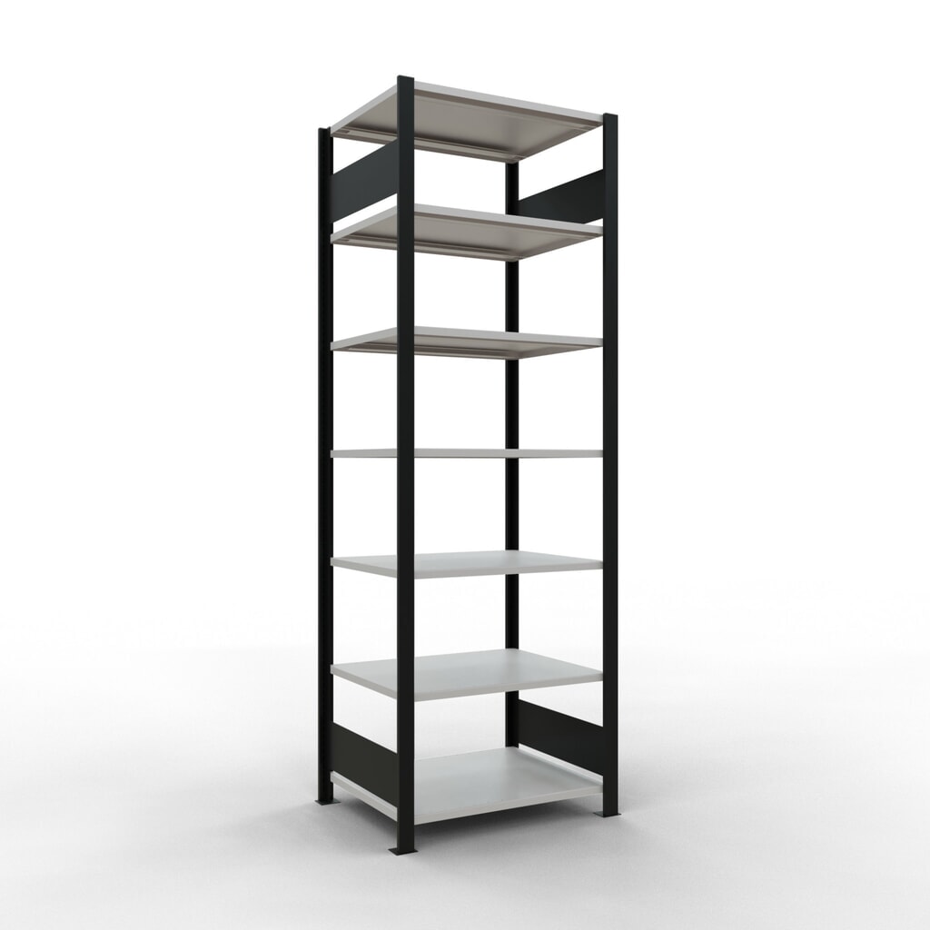 Rayonnage de bureau SCHULTE travée de base, utilisable des deux côtés, sans butées centrales, CT 150 kg, noir, HxlxP 2 300 x 750 x 600 mm Illustration du produit: Rayonnage de bureau SCHULTE travée de base, utilisable des deux côtés, sans butées centrales, CT 150 kg, noir, HxlxP 2 300 x 750 x 600 mm