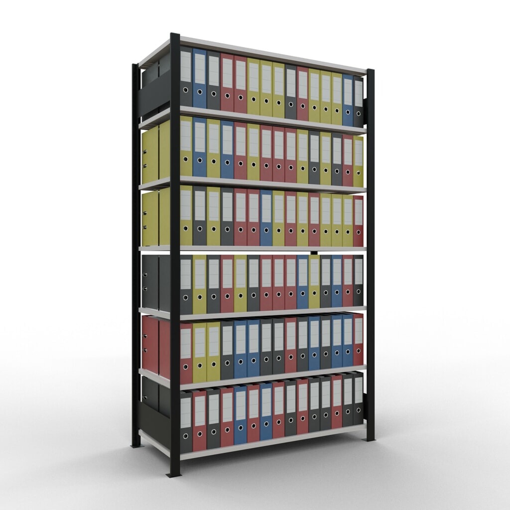 Rayonnage de bureau SCHULTE travée de base, utilisable des deux côtés, sans butées centrales, CT 150 kg, noir, HxlxP 2 300 x 1 300 x 600 mm N° de l'image du produit 2 : Rayonnage de bureau SCHULTE travée de base, utilisable des deux côtés, sans butées centrales, CT 150 kg, noir, HxlxP 2 300 x 1 300 x 600 mm