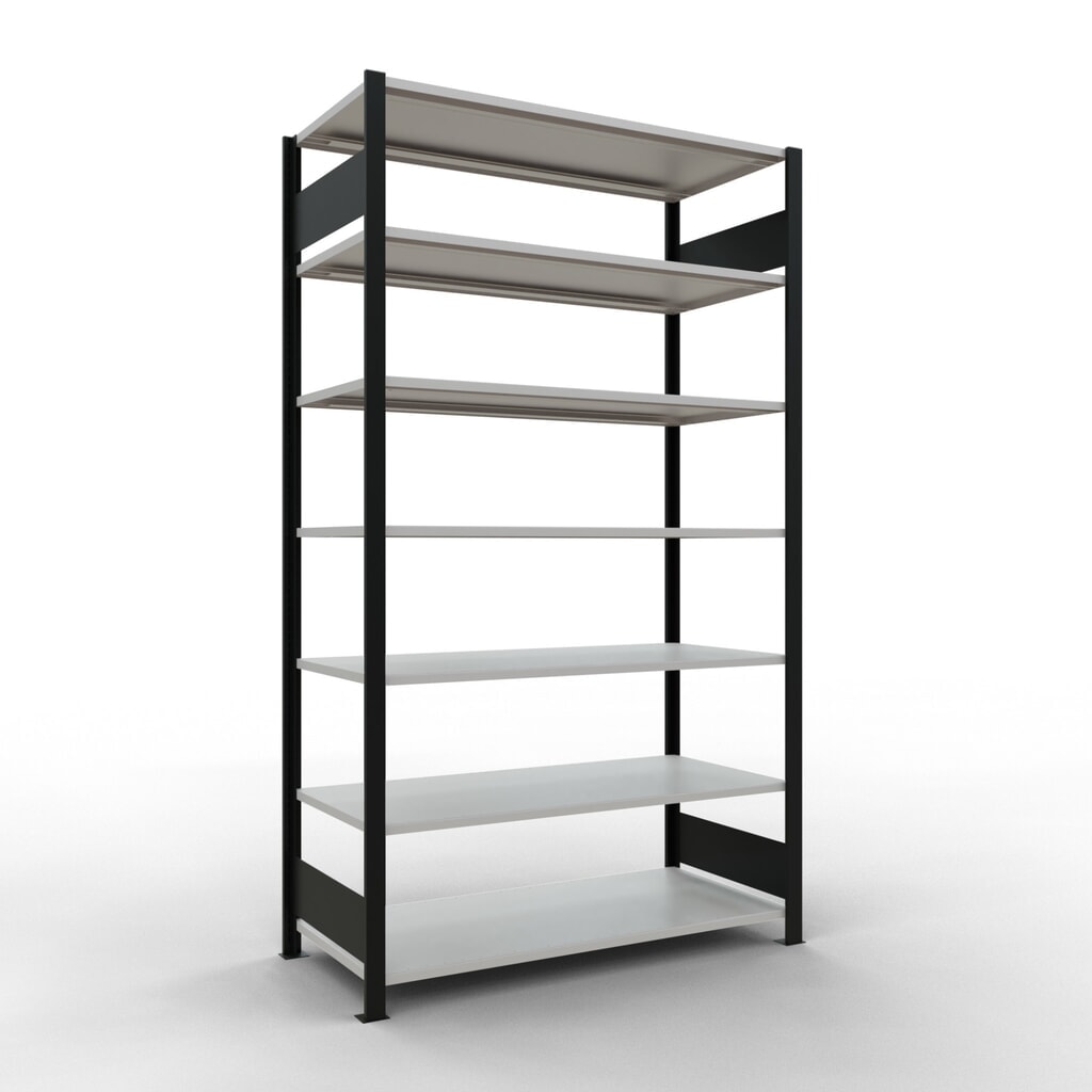 Rayonnage de bureau SCHULTE travée de base, utilisable des deux côtés, sans butées centrales, CT 150 kg, noir, HxlxP 2 300 x 1 300 x 600 mm Illustration du produit: Rayonnage de bureau SCHULTE travée de base, utilisable des deux côtés, sans butées centrales, CT 150 kg, noir, HxlxP 2 300 x 1 300 x 600 mm