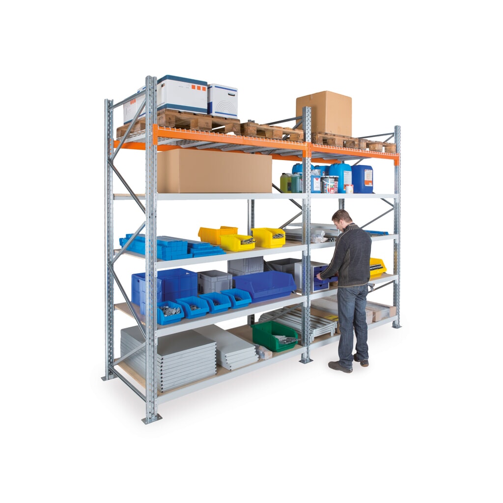 Rayonnage hybride ManOrga, rayonnage grande portée et à palettes, module de base, HxlxP 4 500 x 1 825 x 1 100 mm N° de l'image du produit 5 : Rayonnage hybride ManOrga, rayonnage grande portée et à palettes, module de base, HxlxP 4 500 x 1 825 x 1 100 mm