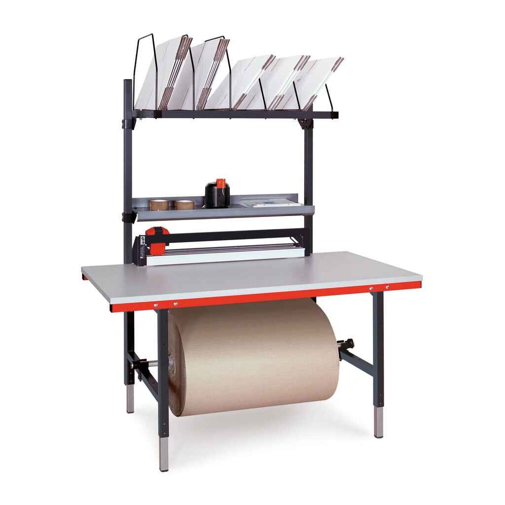 Illustration du produit: Rocholz Table d’emballage SYSTEM 2000 réglable manuellement en hauteur, pack complet avec dispositif de découpe, largeur de coupe 1 000 mm, H x l x P 690-960 x 1 600 x 800 mm